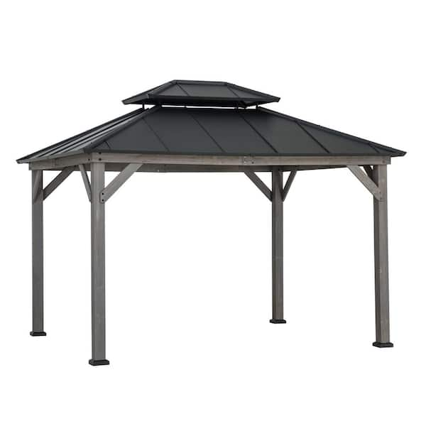 Sunjoy 10 ft. x 12 ft. Matte Black Cedar Framed Gazebo with Steel Hardtop