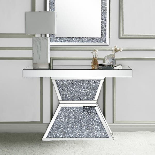 Acme Furniture Noralie 47 in. Mirrored and Faux Diamonds Rectangle Glass Console Table