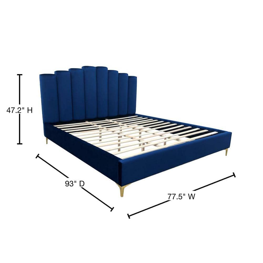 King Blue Velvet Upholstered Bed with Tufted Headboard and Gold Legs