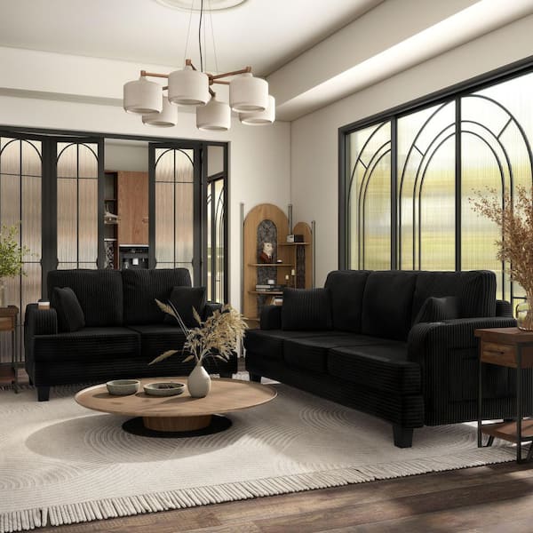 Kasin 2-Piece Black Chenille Small Space Living Room Set with USB Ports and Cup Holders