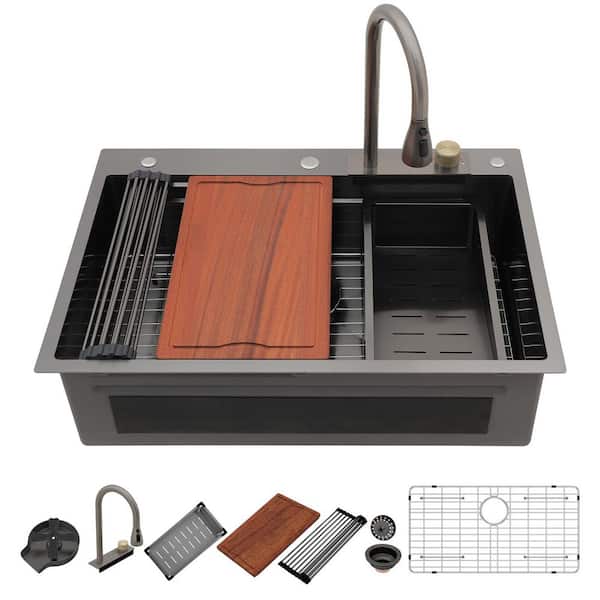 33 in. Drop-In Workstation Waterfall Single Bowl Kitchen Sink, Gunmetal Black Stainless Steel Topmount Sink Set