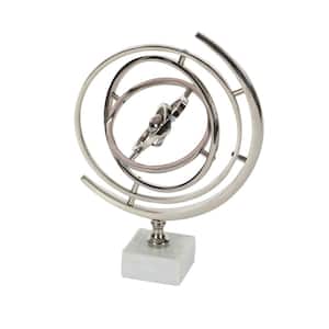 13 in. Silver Aluminum Armillary Decorative Globe with Marble Base