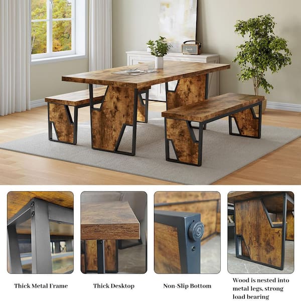 GOJANE 3-Piece Modern Rectangular Walnut Wood Top 78.7 in. 4 Legs