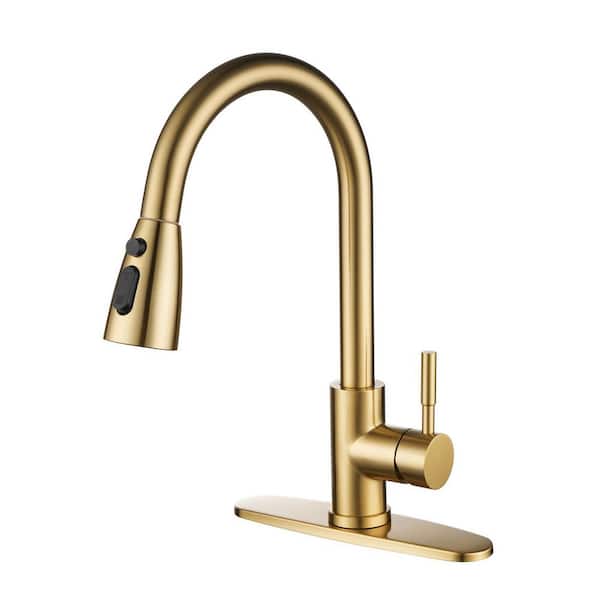 ALEASHA 15.6 in. Single Handle Pull Down Kitchen Faucet with 18 in. Sprayer and 360 Degree Swivel in Gold