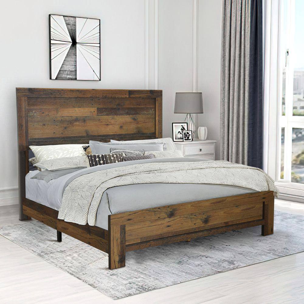 Benjara Brown Wooden Frame King Platform Bed with Rustic Details ...