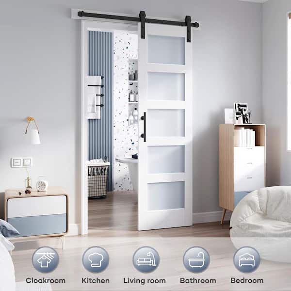 26 in. x 84 in. 5-Lite Tempered Frosted Glass White Finished Solid Core MDF Wood Sliding Barn Door with Hardware Kit