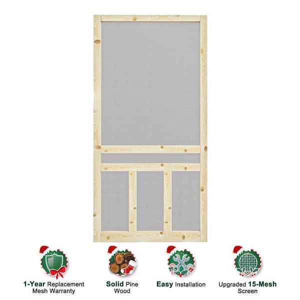 36 in. x 80 in. 3-Lite Single Universal Paneled Unfinished Pine Wood and Gauze Mesh Hinged Screen Door