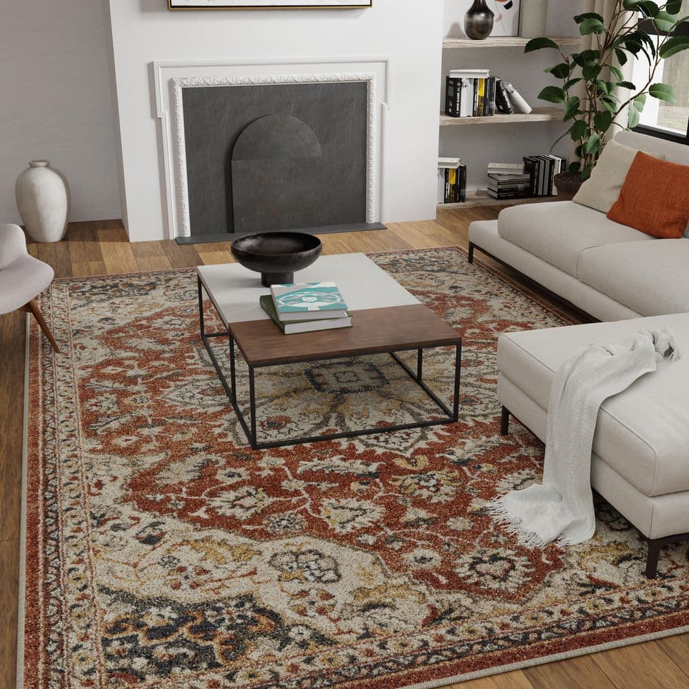 Red and Beige 4' x 6' Synthetic Oriental Area Rug