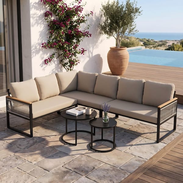 5-Piece Metal Frame Outdoor Patio Sectional Sofa Set Handwoven Rope Wood-Look Armrest with Thick Beige Cushions for Deck