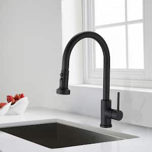Single Handle Deck Mount Gooseneck Pull Down Sprayer Kitchen Faucet with Deckplate and Soap Dispenser in Matte Black