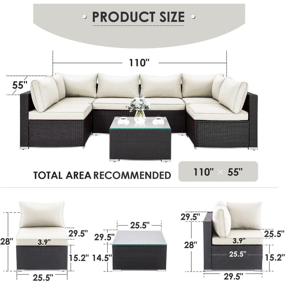 Beige Cushioned 7-Piece Black Wicker Outdoor Sectional Set