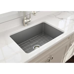 Sotto Undermount Fireclay 27 in. Single Bowl Kitchen Sink with Bottom Grid and Strainer in Matte Gray