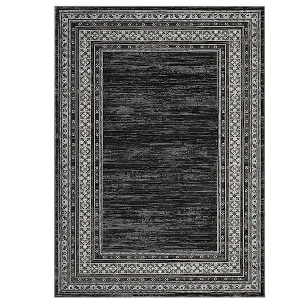 Black 5 ft. x 7 ft. Washable Bordered Area Rug, Low‑Pile Non‑Slip Stain‑Resistant Carpet for Living Room, Bedroom