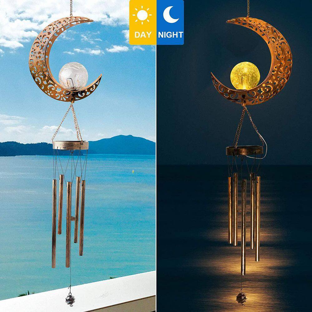 Large Brass Moon Solar Wind Chimes with LED Lights