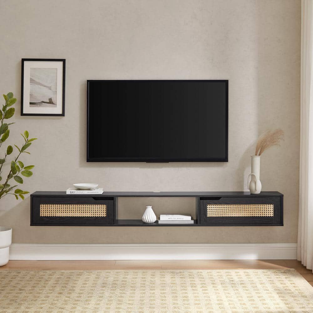 70" Black Wood Floating TV Stand with Rattan Doors