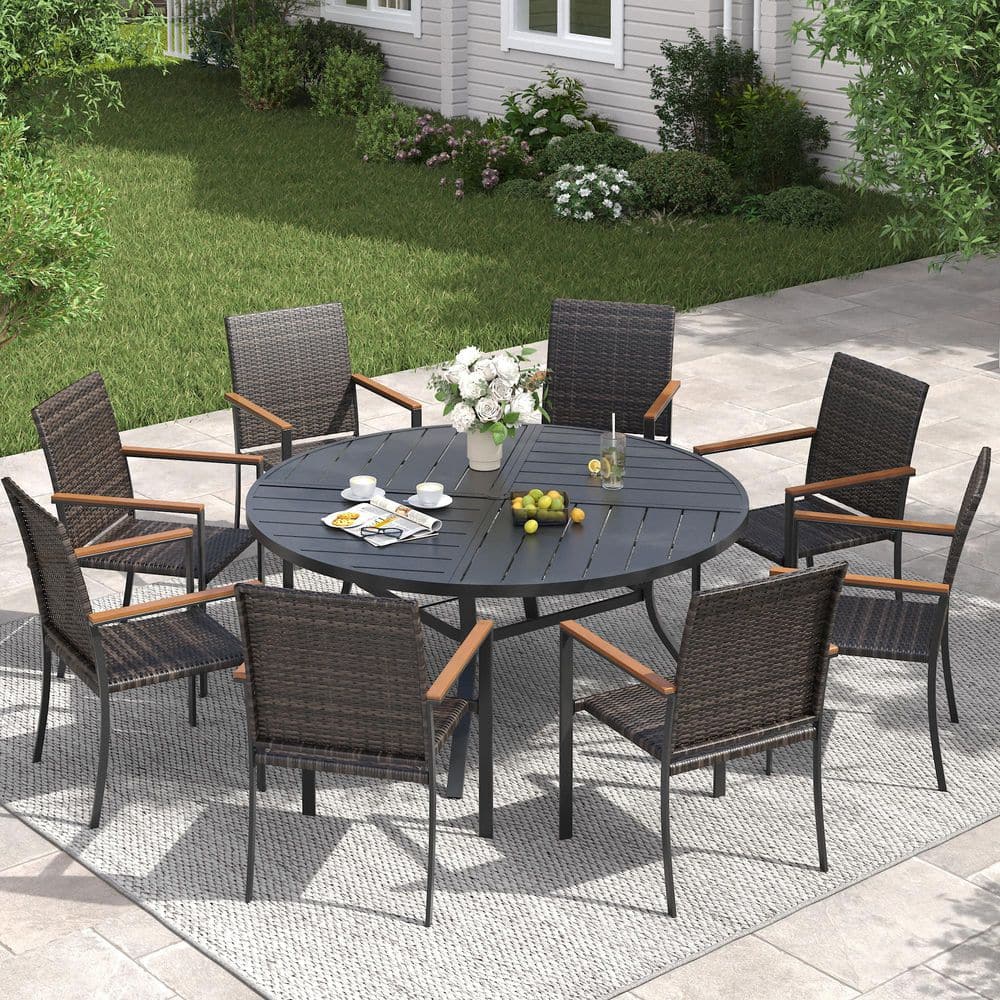 9-Piece Metal Outdoor Dining Set with 53.1 in. Black Round Dining Table and 8 Brown Wicker Stackable Dining Chairs price history on PriceWatchPro