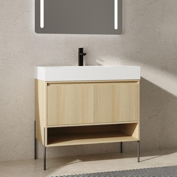 36 in. Single Sink Freestanding Oak Bath Vanity with White Resin Top, Storage Cabinet Set 2 Door