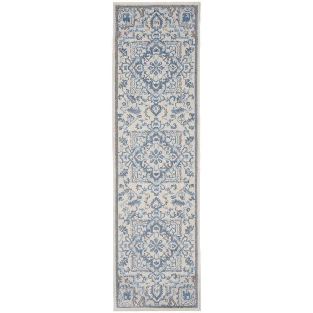 Ivory Blue Floral Medallion Handmade Area Rug 27"x4.7"