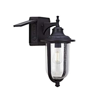 Grace 1-Light Nautical Outdoor Wall Sconce with 2 Built-In GFCI Outlets, Black