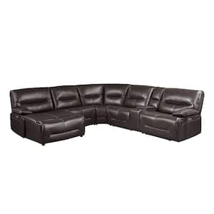 Halliday 119 in. Straight Arm 6-piece Faux Leather Power Reclining Sectional Sofa in Brown with Left Chaise