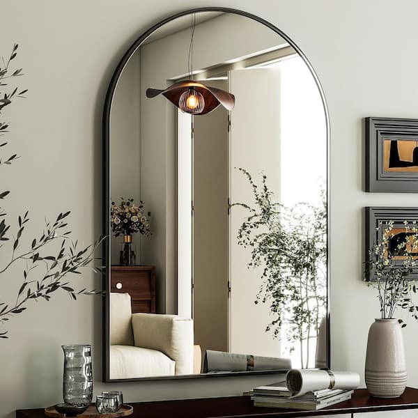 26 in. W x 38 in. H Arched Framed Wall Bathroom Vanity Mirror in Black with Metal Frame