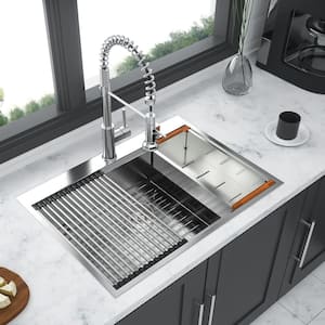 33 in. Drop-In Single Bowl 16 Gauge Brushed Nickel Stainless Steel Kitchen Sink with Workstation