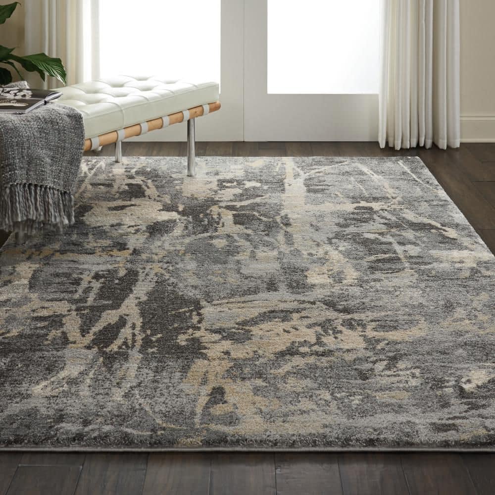 Elysian Abstract Gray Synthetic 5' x 7' Stain-Resistant Rug