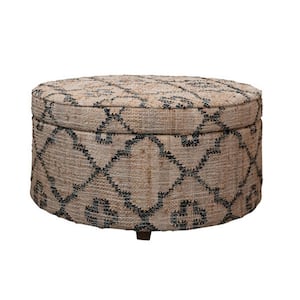 Multicolor Woven Jute Kilim Upholstered Storage Ottoman with 6 Pillows