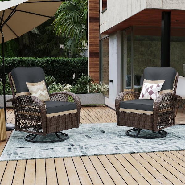 UPHA Brown Wicker Patio Outdoor Rocking Chair with Gray Cushion (Set of 2)