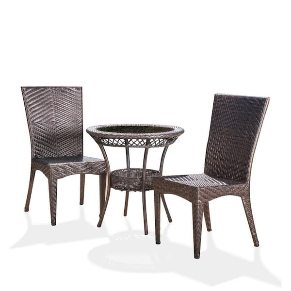Noble House Josh Multi-Brown 3-Piece Faux Rattan Outdoor Patio Bistro Set