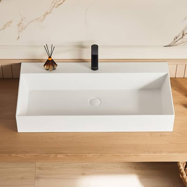 36 in. Solid Surface Wall Mounted Bathroom Sink in Matte White Without Cabinet