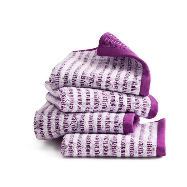 TOWN & COUNTRY LIVING Striped Reversible Terry Organic Cotton Purple 13 in. x 13 in. Washcloth Set 4-Pack