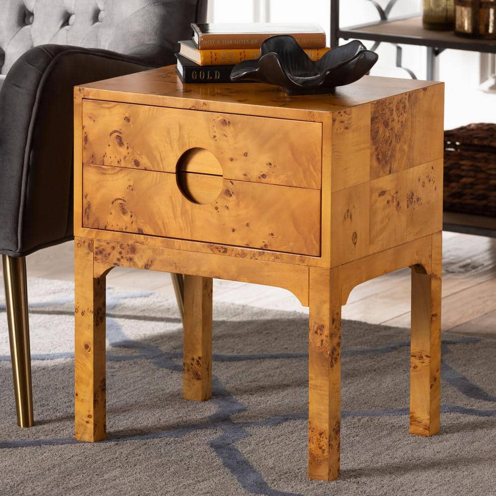 Kayla Light Mappa Burl Wood 2-Drawer Nightstand