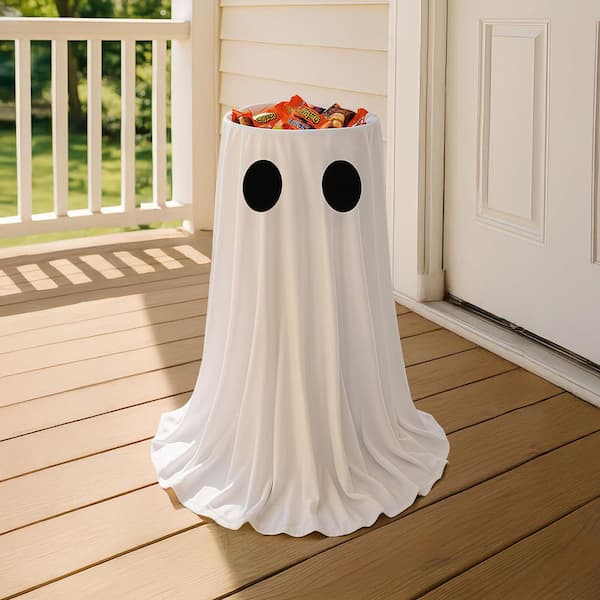 100 fl. oz. Fabric Glowing Ghost Candy Holder Bowl with String Lights and Timer Remote for Party, White