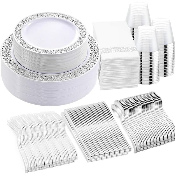 Adrinfly Silver Disposable Dinnerware Set for 50-Guests (350-Pieces)