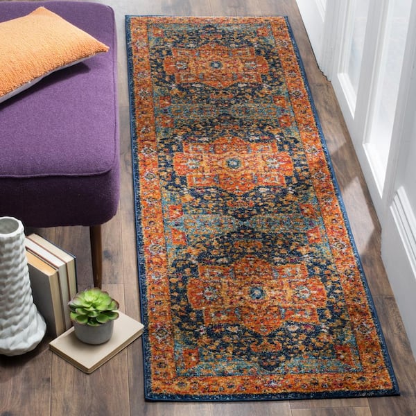 Evoke Blue/Orange 2 ft. x 17 ft. Border Runner Rug