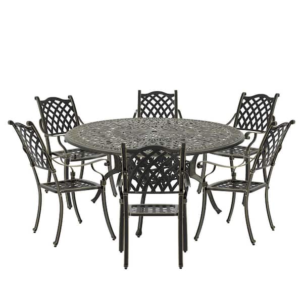 Mondawe 7-Piece Antique Bronze Cast Aluminum Outdoor Dining Set with 59 in. Round Table and 6 Dining Chairs