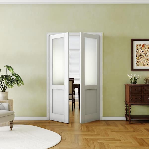 24 in. x 80 in. MDF 1/2-Lite Frosted Glass Solid White Primed, Standard Interior Door Manufactured Wood Double Slab
