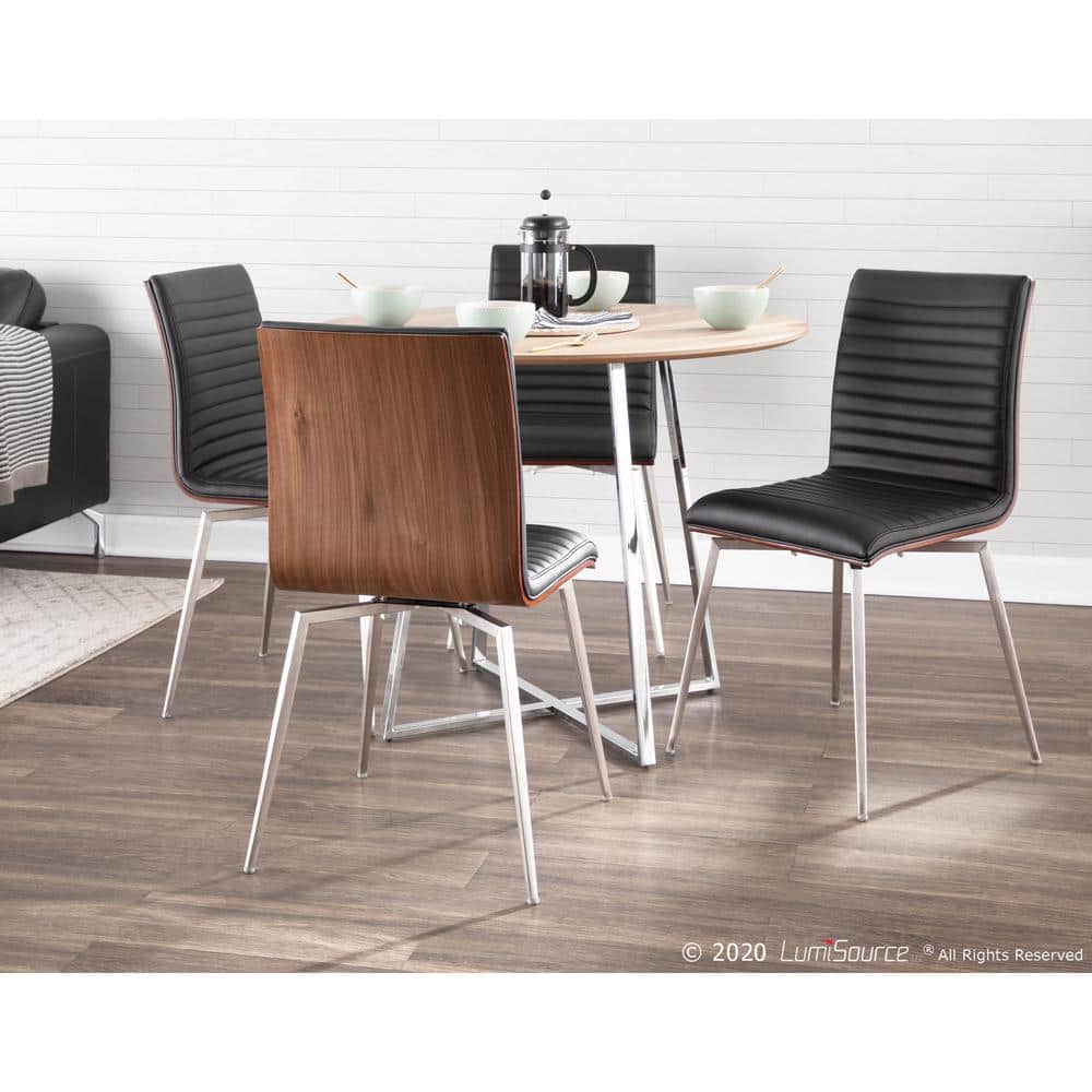 Mason Black Faux Leather Swivel Dining Chairs with Walnut Wood Back