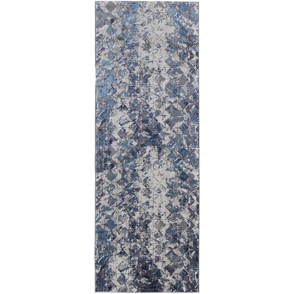2 ft. x 8 ft. Blue, Gray Geometric Runner Rug