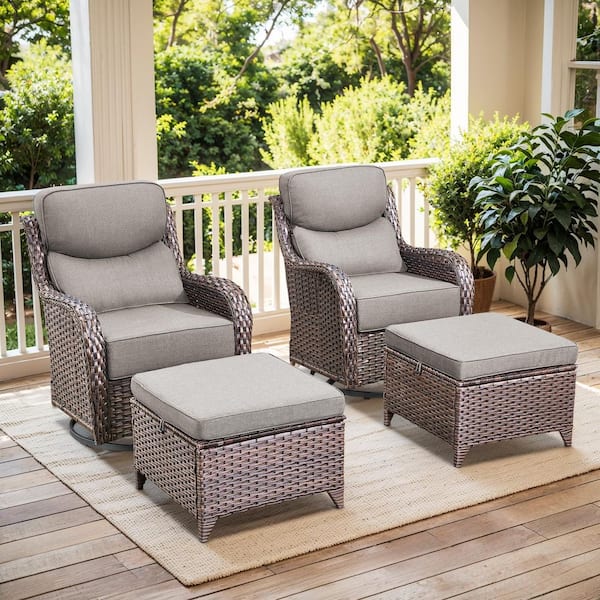 moosprr MoonLuxe Brown Swivel Glider Wicker Patio Conversation Set with Gray Olefin 6 in. Thick Cushions/Ottoman (4-Piece)