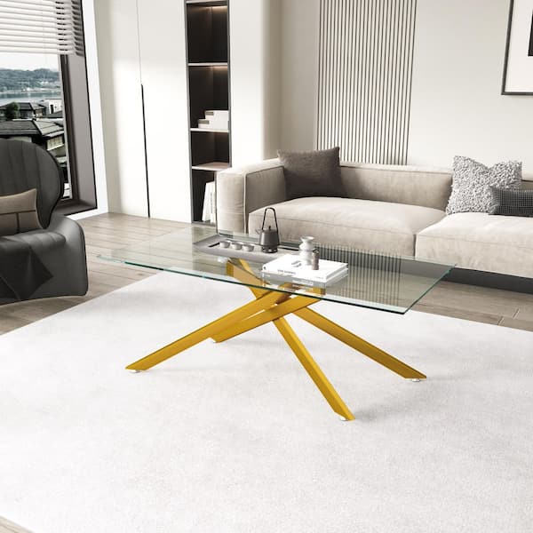 47.2 in. Rectangle Clear Tempered Glass Coffee Table with Golden Metal Legs, Modern Living Room Accent Furniture