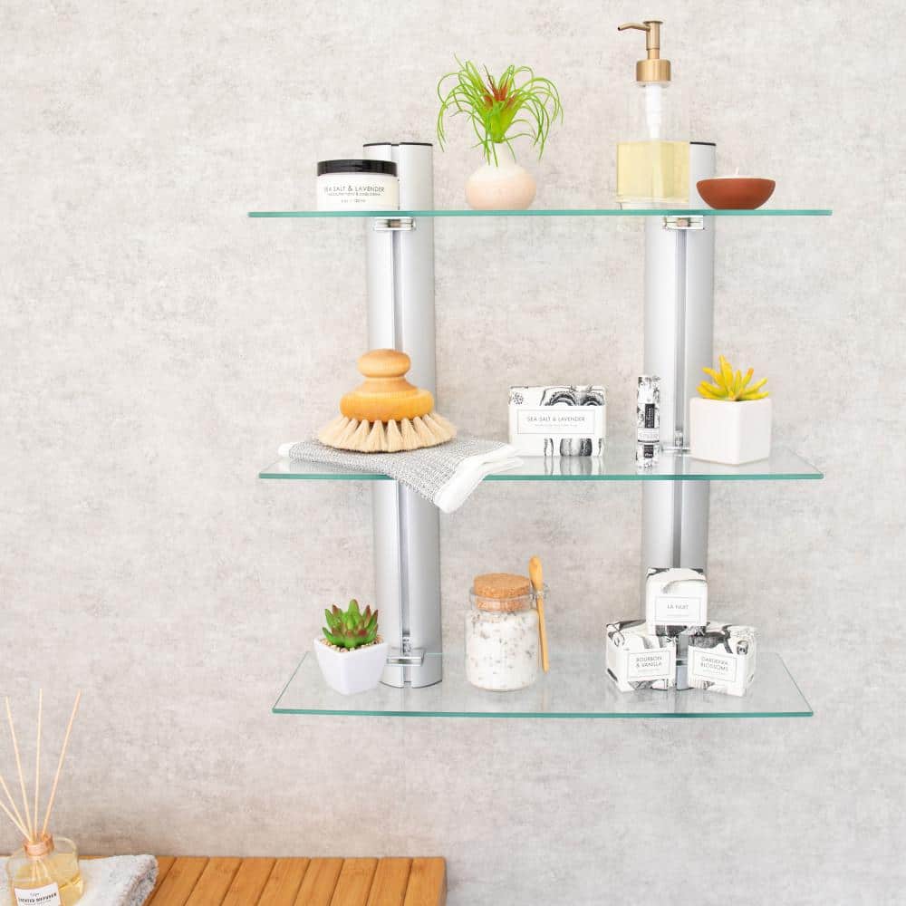 Black Glass and Wood Floating Wall Shelf Unit