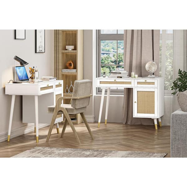 Aupodin Farmhouse Rattan 39.4 in. Retangular White/Gold Wood Computer Desk Writing Desk with 2-Drawer and Side Storage, White and Gold