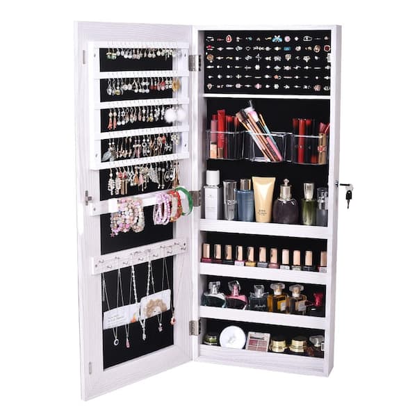 Karl home Full Mirror Wall Hanging Lockable White Jewelry Cabinet with  Storage Box 35 H x 15 W x D 302558804308