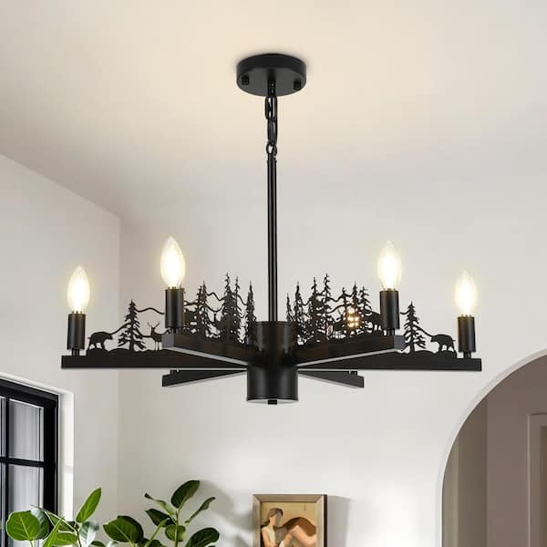 6-Light Black Ambient Rustic Chandelier Farmhouse Hanging Ceiling Lighting for Dining Living Room Foyer