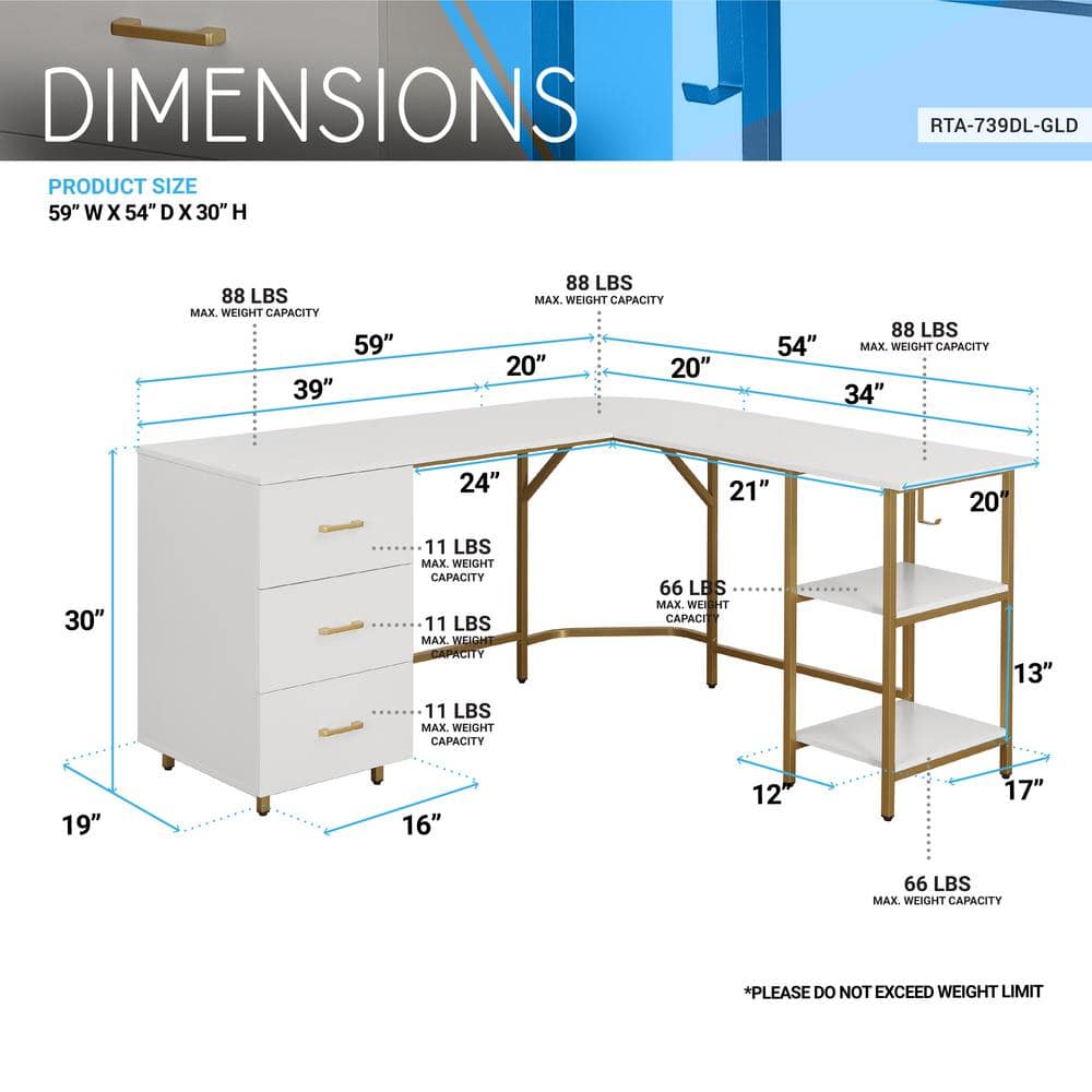 Gold and White L-Shaped Computer Desk with Drawers