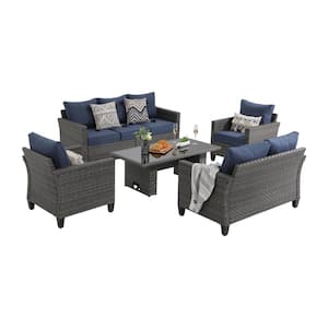 OC Orange-Casual 5-Piece Wicker Outdoor Conversation Set with Navy Blue Cushions