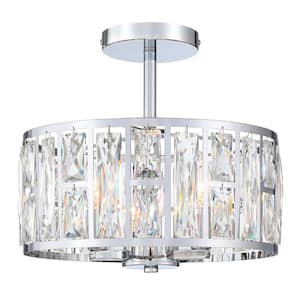 12 in. 3-Light Chrome Round Modern Semi Flush Mount Ceiling Light with Clear Crystal Shade