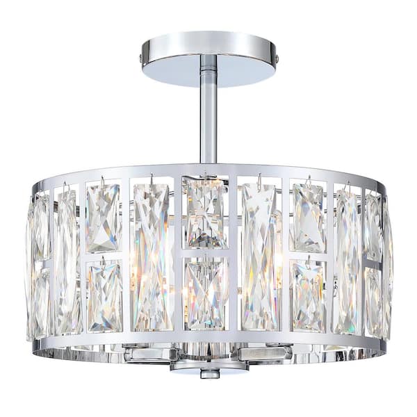 12 in. 3-Light Chrome Round Modern Semi Flush Mount Ceiling Light with Clear Crystal Shade
